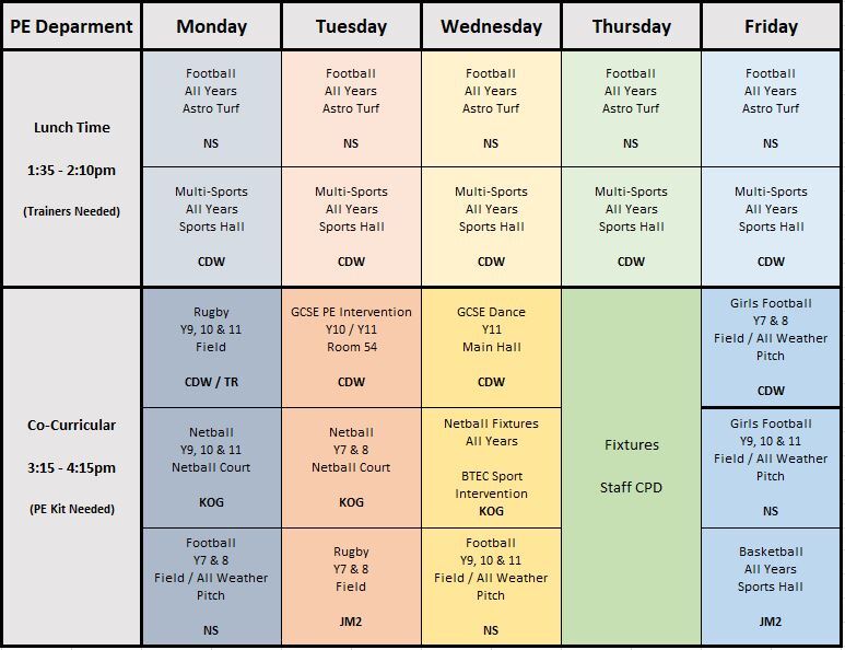 Pe extra curricular timetable